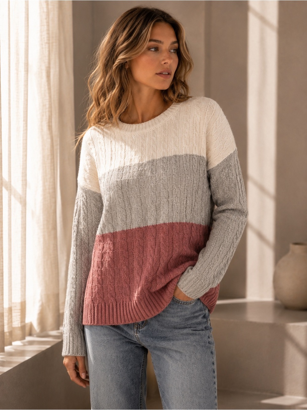 Twine & String Colorblock Cable Knit Cozy Pullover Sweater Cream Gray Pink XL